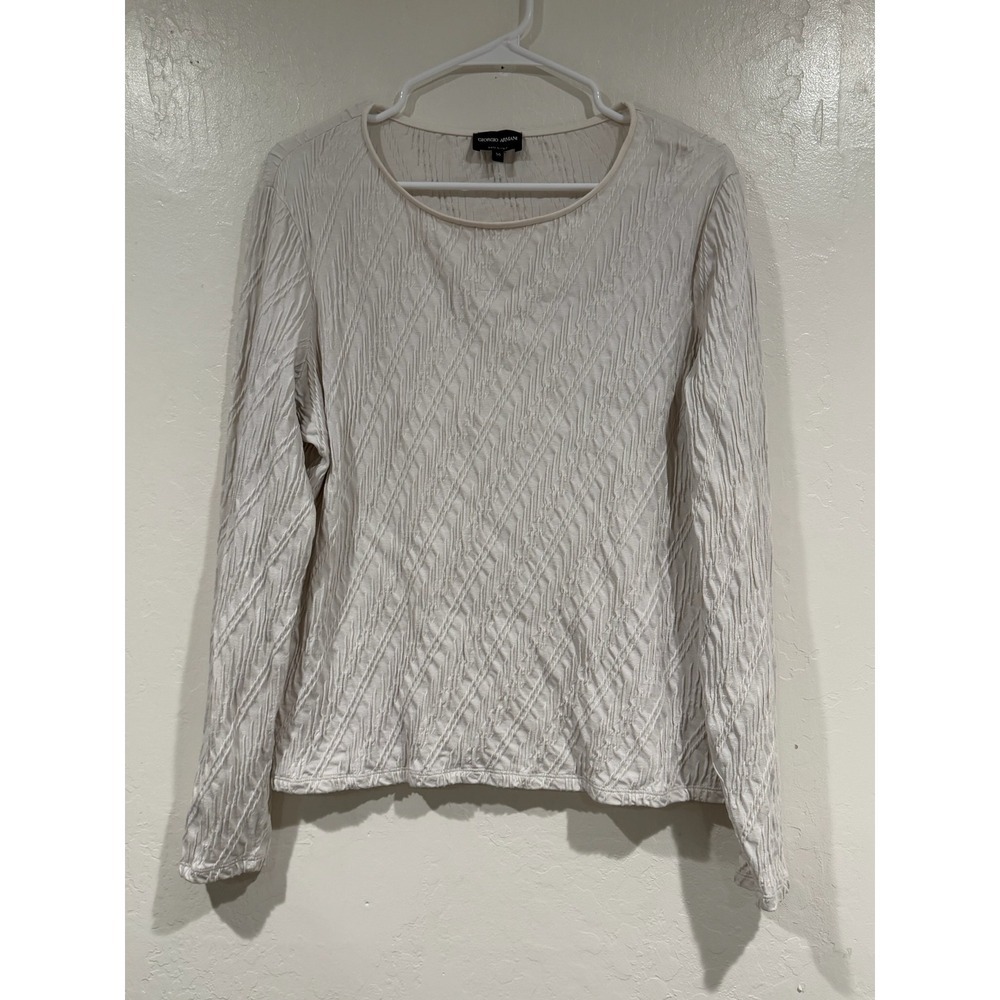 Giorgio Armani Cream Plisse Textured Long Sleeve Top Cashmere Blend Italy 50 L
